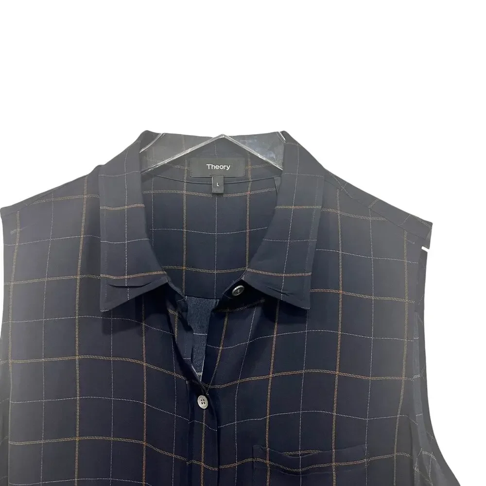 Theory Silk Blouse Tile Print Yarine Navy Blue Brown Sleeveless Size‎ L Academia